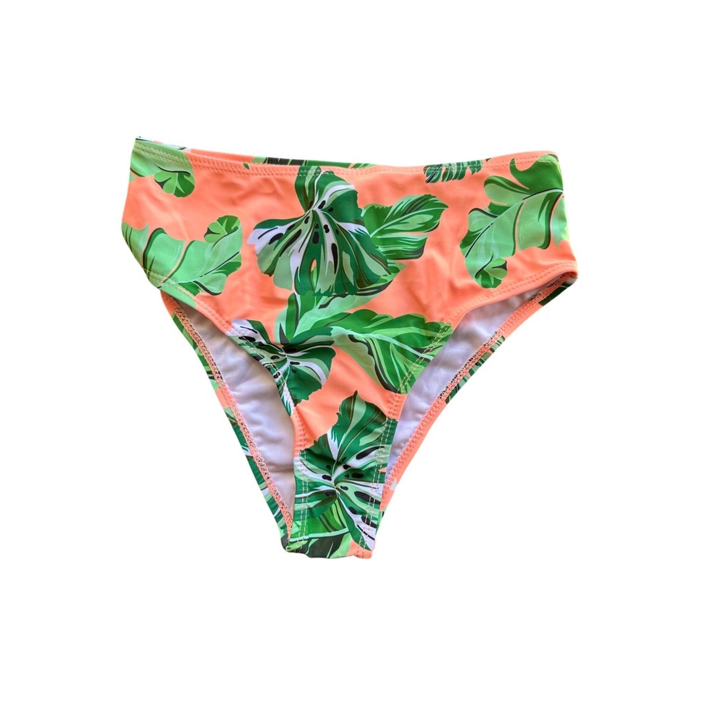 Unbranded Peach Tropical Monstera Leaf High Waisted Bikini Bottoms Size 152